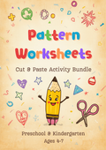 Fun hand-drawn pattern worksheets bundle cover with smiling pencil character, crayon doodle shapes, for preschool and kindergarten ages 4-7