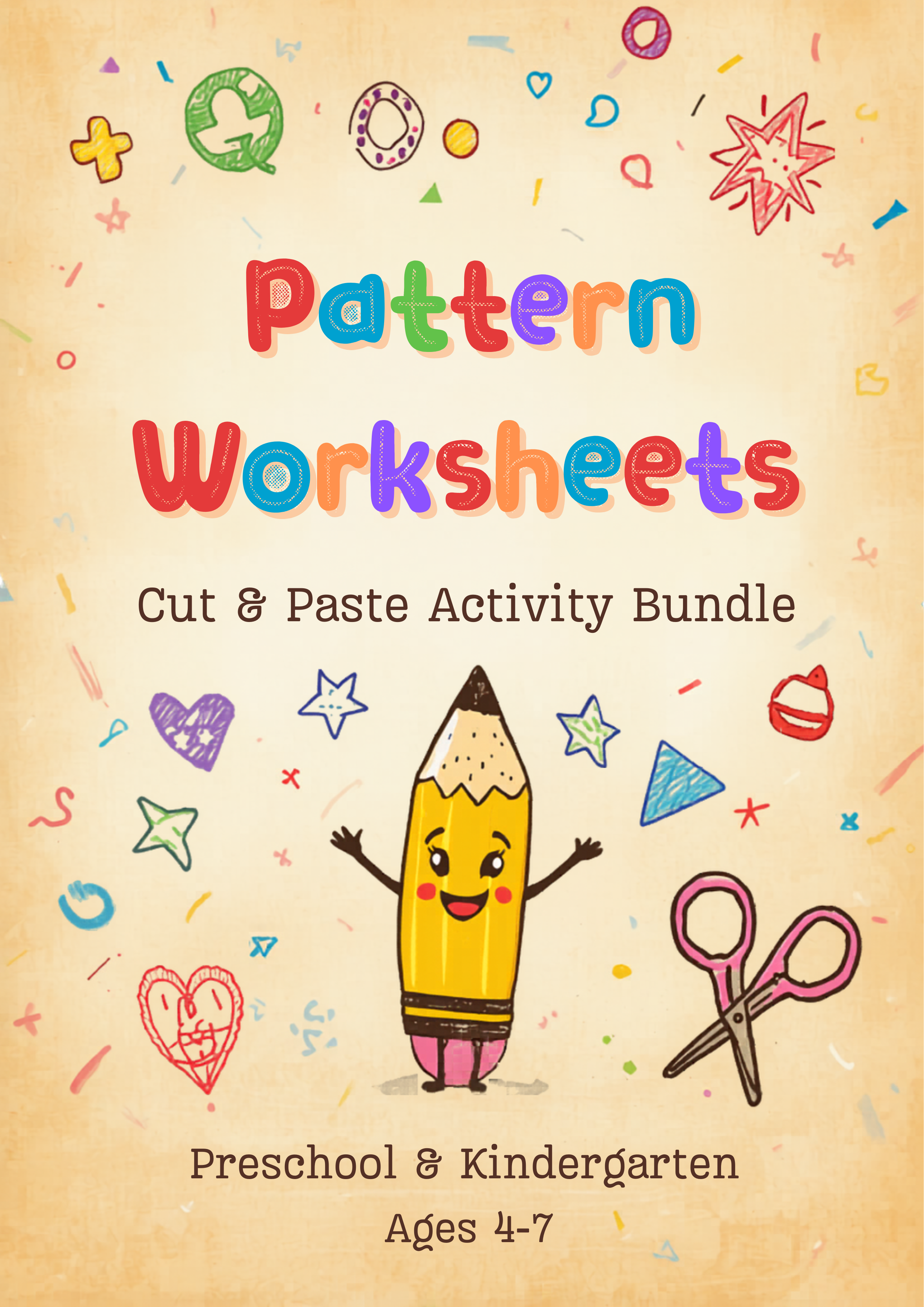 Fun hand-drawn pattern worksheets bundle cover with smiling pencil character, crayon doodle shapes, for preschool and kindergarten ages 4-7