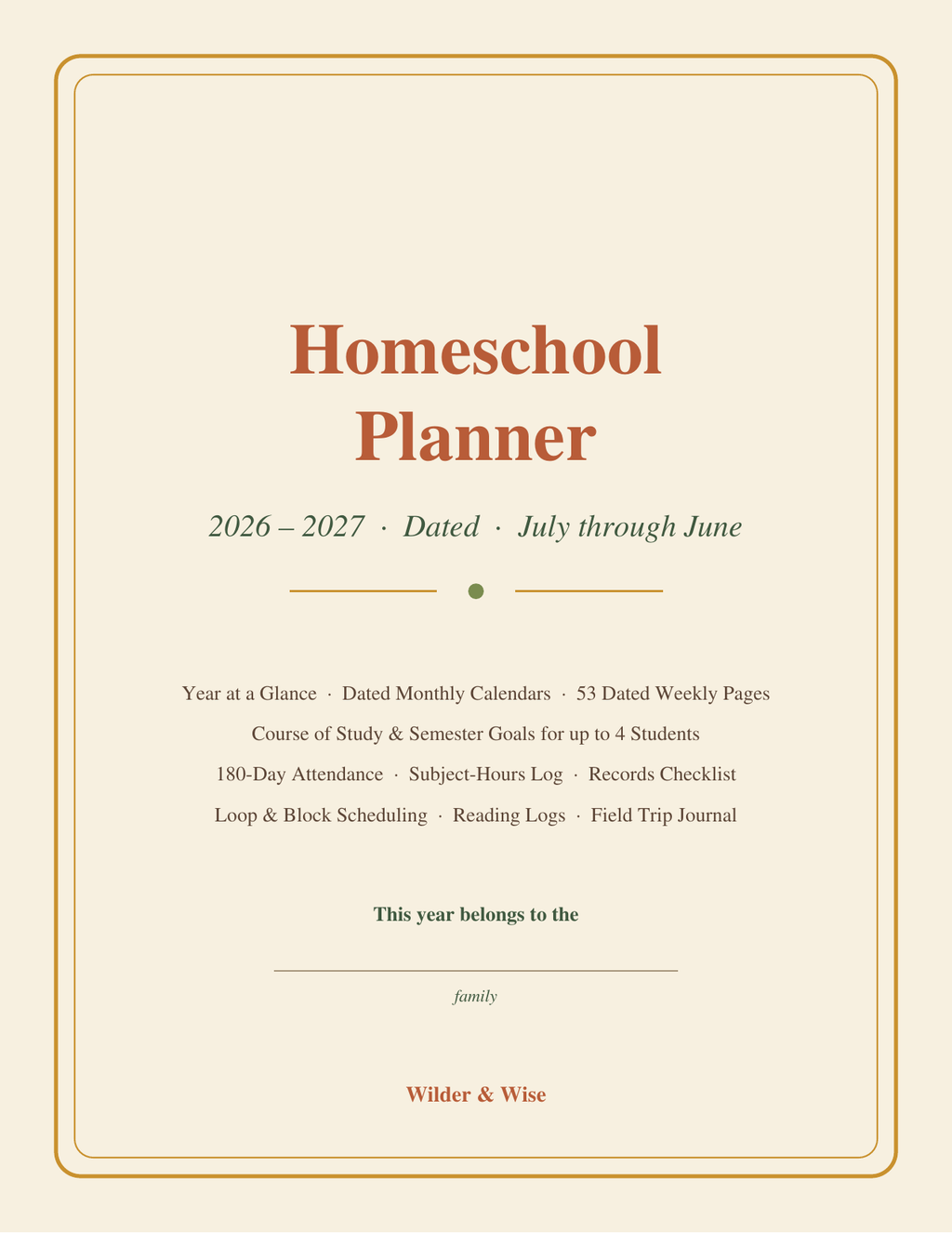 Homeschool Planner 2026-2027 | Dated Weekly Lesson Planner Printable | July 2026-June 2027 | Attendance, Course of Study, Reading Logs | PDF