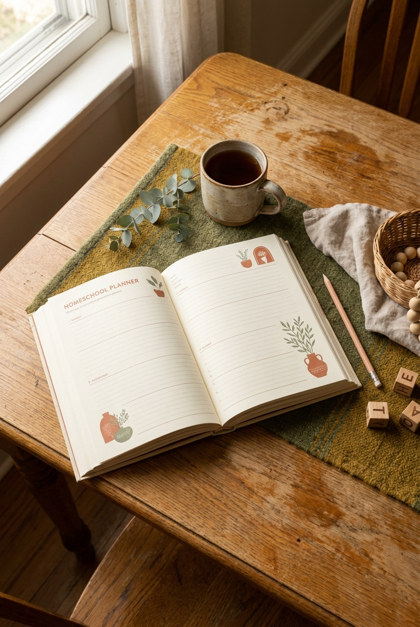 Wilder & Wise 2026-2027 homeschool planner printed and open on a kitchen table with tea and morning light