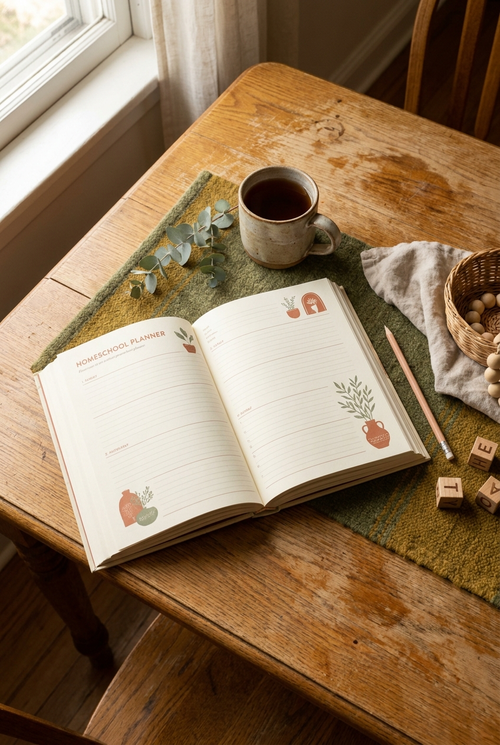 Wilder & Wise 2026-2027 homeschool planner printed and open on a kitchen table with tea and morning light